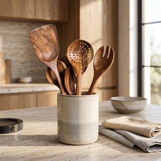 Natural Wooden Kitchen Utensil Set with Holder | Orivexa