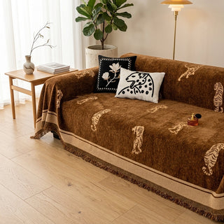Reversible Tiger Sofa Cover Decorative Fringed Chenille Safari Style | Coleman