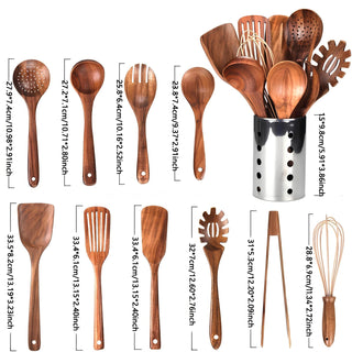 11 Piece Teak Kitchen Utensil Set with Wooden Holder for Cooking | Crosby