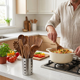 11 Piece Teak Kitchen Utensil Set with Wooden Holder for Cooking | Crosby