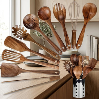 11 Piece Teak Kitchen Utensil Set with Wooden Holder for Cooking | Crosby