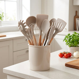 12 Piece Kitchen Utensil Set Silicone Heads Wooden Handles Heat Resistant | Farnham