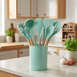 12 Piece Kitchen Utensil Set Silicone Heads Wooden Handles Heat Resistant | Farnham