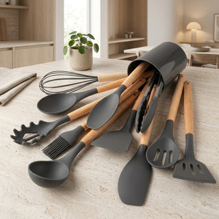 12 Piece Kitchen Utensil Set Silicone Heads Wooden Handles Heat Resistant | Farnham