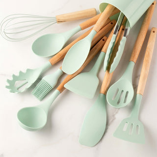 12 Piece Kitchen Utensil Set Silicone Heads Wooden Handles Heat Resistant | Farnham
