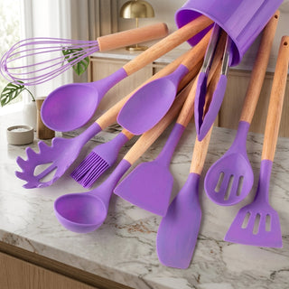12 Piece Kitchen Utensil Set Silicone Heads Wooden Handles Heat Resistant | Farnham