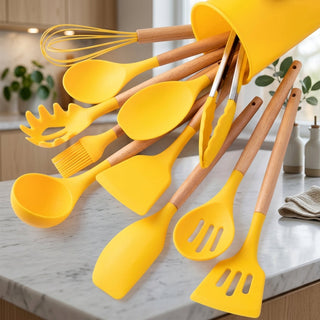 12 Piece Kitchen Utensil Set Silicone Heads Wooden Handles Heat Resistant | Farnham