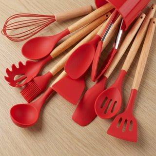 12 Piece Kitchen Utensil Set Silicone Heads Wooden Handles Heat Resistant | Farnham