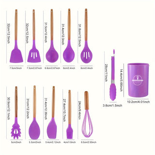 12 Piece Kitchen Utensil Set Silicone Heads Wooden Handles Heat Resistant | Farnham