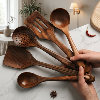 Teak Natural Wood Kitchen Utensils 5 Piece Set with Spatula and Ladle | Fordham