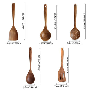 Teak Natural Wood Kitchen Utensils 5 Piece Set with Spatula and Ladle | Fordham