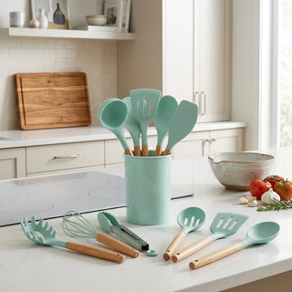 Non Scratch Silicone Cooking Utensils 11 Piece Set With Wood Handles | Lennox