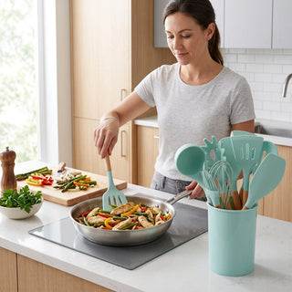 Non Scratch Silicone Cooking Utensils 11 Piece Set With Wood Handles | Lennox