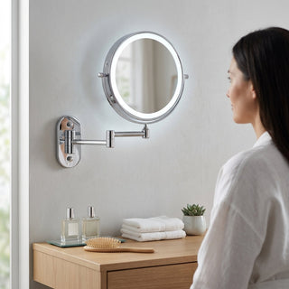 Chrome LED Magnifying Mirror With Rechargeable Battery And Adjustable Dimmable Light For Bathroom Vanity | Keller
