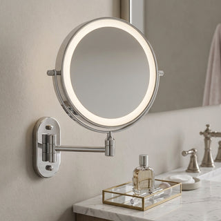Chrome LED Magnifying Mirror With Rechargeable Battery And Adjustable Dimmable Light For Bathroom Vanity | Keller
