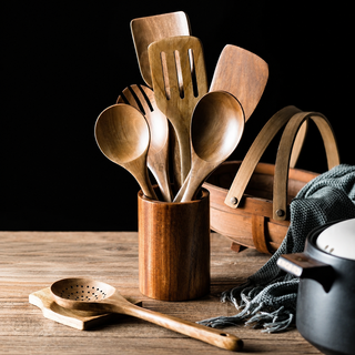 Natural Wooden Kitchen Utensil Set with Holder | Orivexa