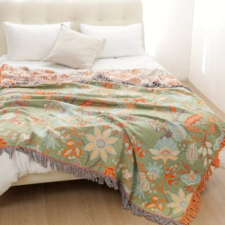 Floral Jacquard Fringed Multi Purpose Throw Blanket | Thalorin