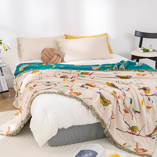 Colorful Bird Pattern Muslin Throw Blanket | Avenlora