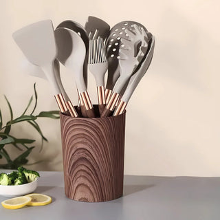 Silicone Kitchen Utensil Set With Wooden Handle Cooking Tools | Harrowyn