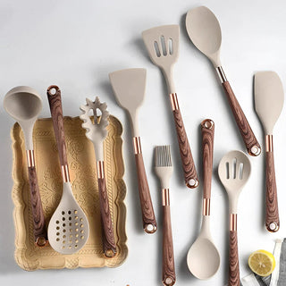 Silicone Kitchen Utensil Set With Wooden Handle Cooking Tools | Harrowyn