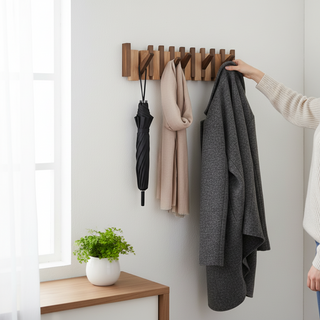 Wooden Wall Coat Rack Multiple Folding Hooks Compact Entryway Organizer | Crosby