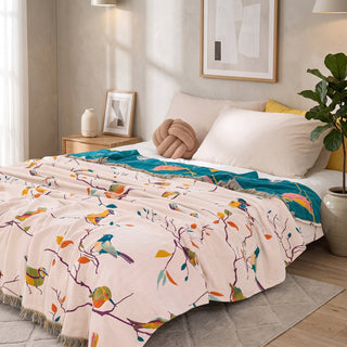 Colorful Bird Pattern Muslin Throw Blanket | Avenlora