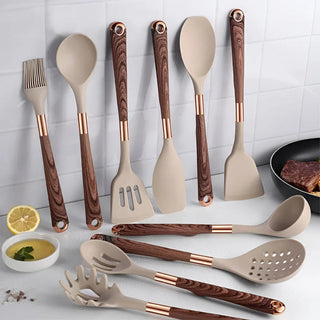Silicone Kitchen Utensil Set With Wooden Handle Cooking Tools | Harrowyn