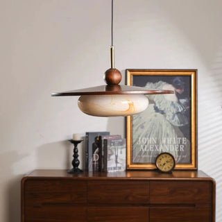 Vintage Walnut Marble Glass Adjustable Swing Arm Pendant Light | Virelune
