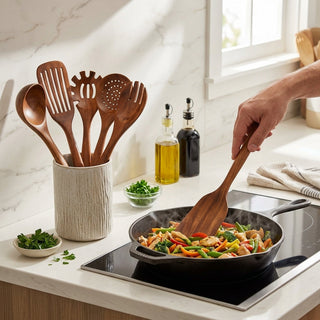 Teak Wood Kitchen Utensil 7 Piece Set With Sustainable Material And Ergonomic Design | Sterling